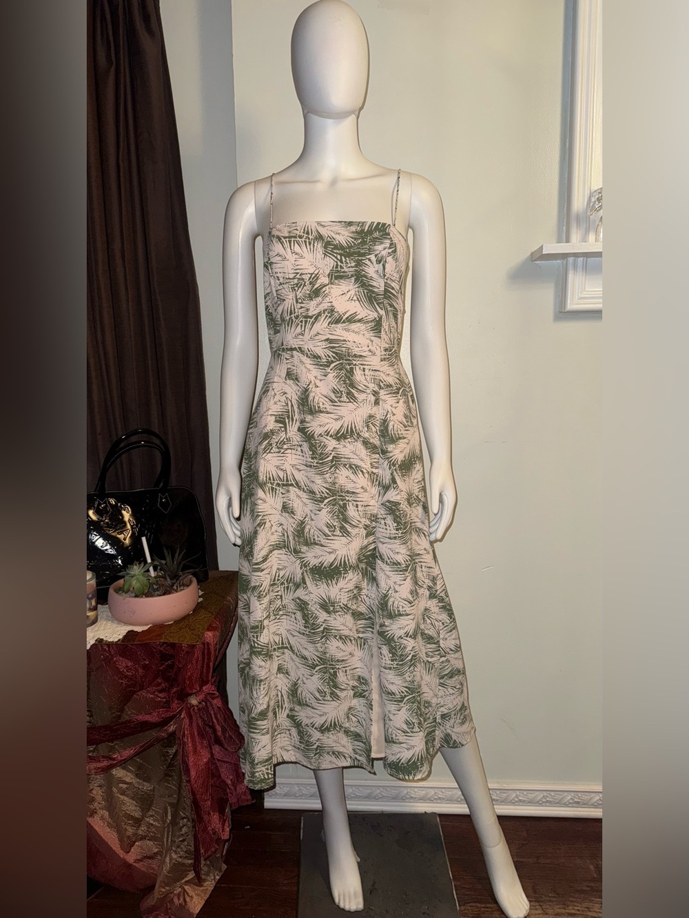 Lulu's Cream Midi Dress with Olive Green Palm Print